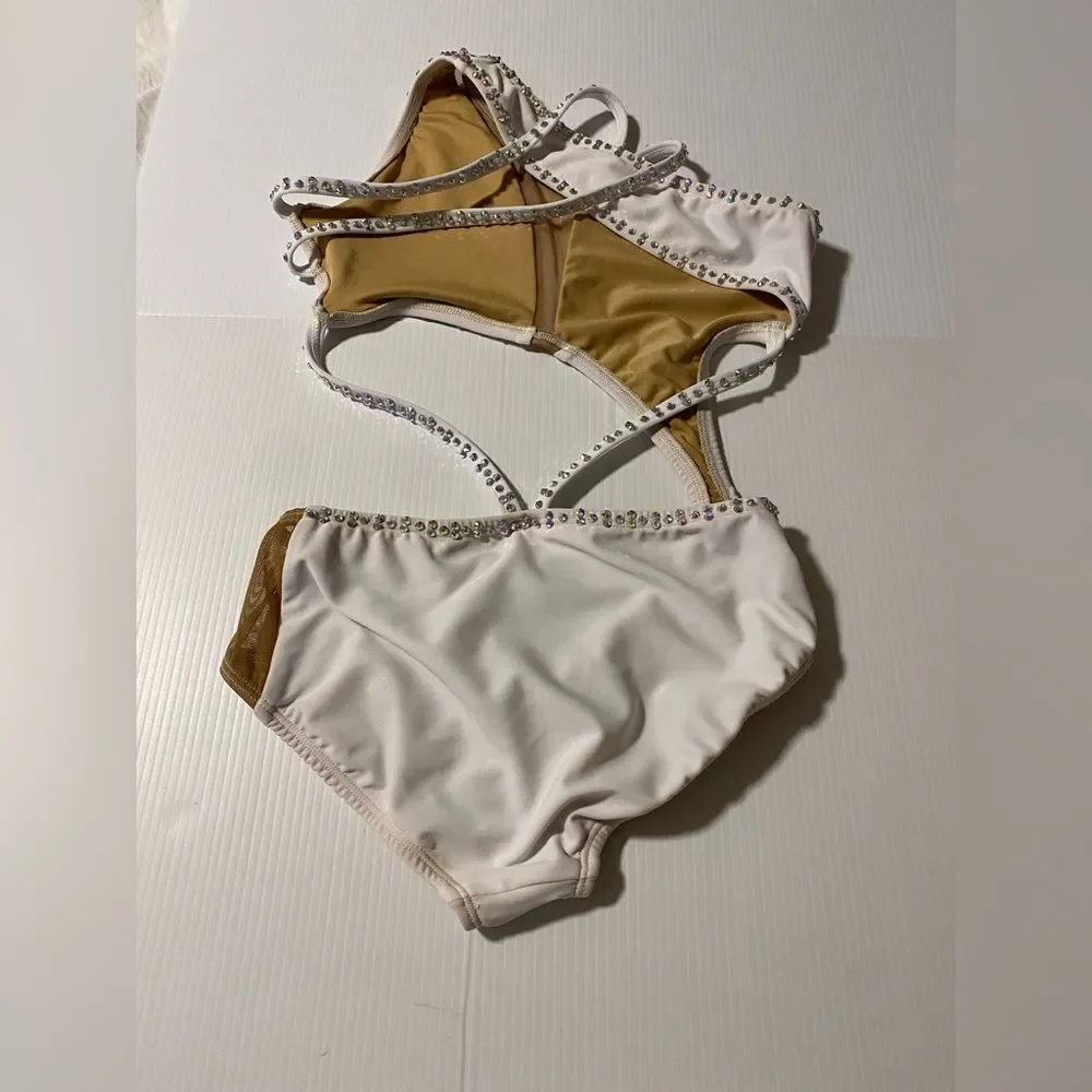 AA dance design costume solo white custom illusion clover leotard XSA XS adul
